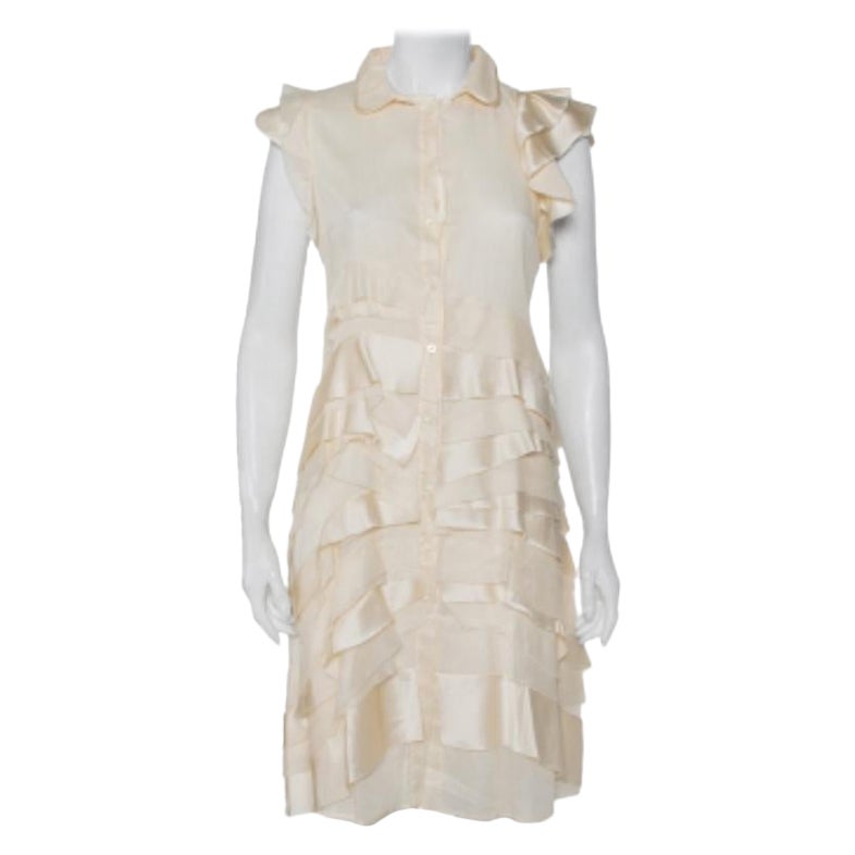 Prada Cream Silk Detachable Collar Detail Ruffled Shirt Dress M For Sale