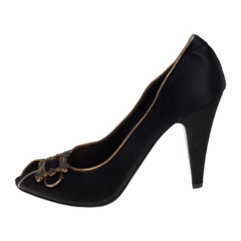 Le Silla Black Satin Buckle Peep-Toe Pumps Size 39 For Sale
