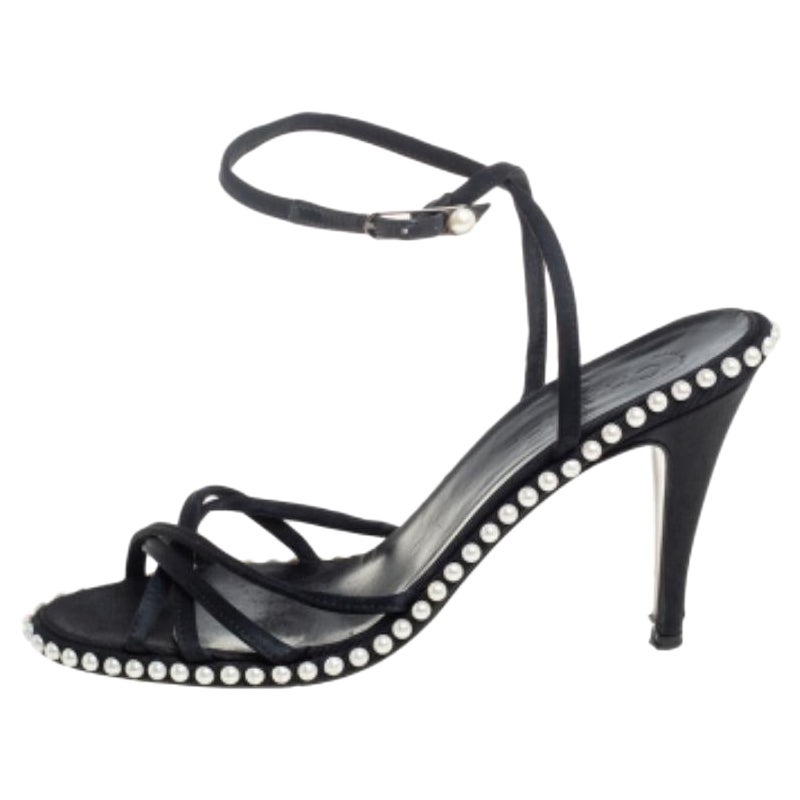 Chanel Black Satin Pearl Embellished Ankle Wrap Sandals Size 39.5 For Sale