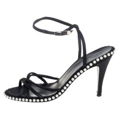 Chanel Black Satin Pearl Embellished Ankle Wrap Sandals Size 39.5