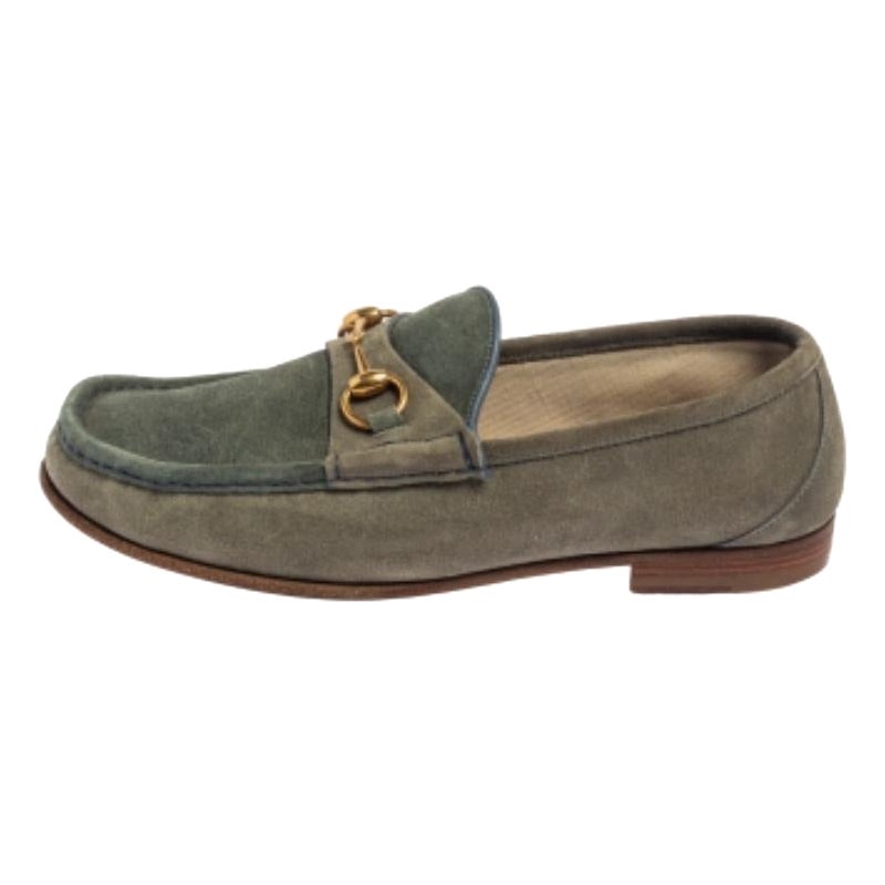 Gucci Blau/Grau Wildleder Horsebit Slip auf Loafers Größe 42 im Angebot