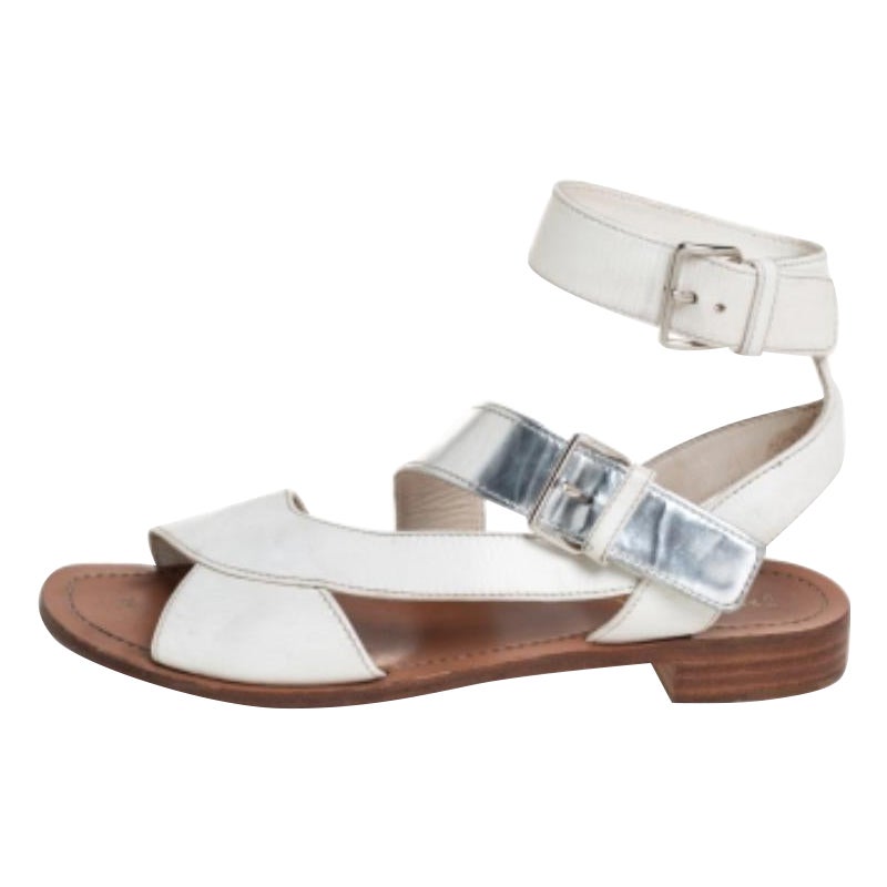Prada White/Silver Leather Flat Ankle Strap Sandals Size 37 For Sale