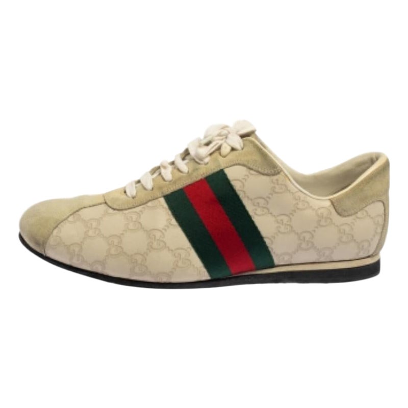 Gucci Cream Suede And Leather Web Low Top Sneakers Size 43.5 For Sale