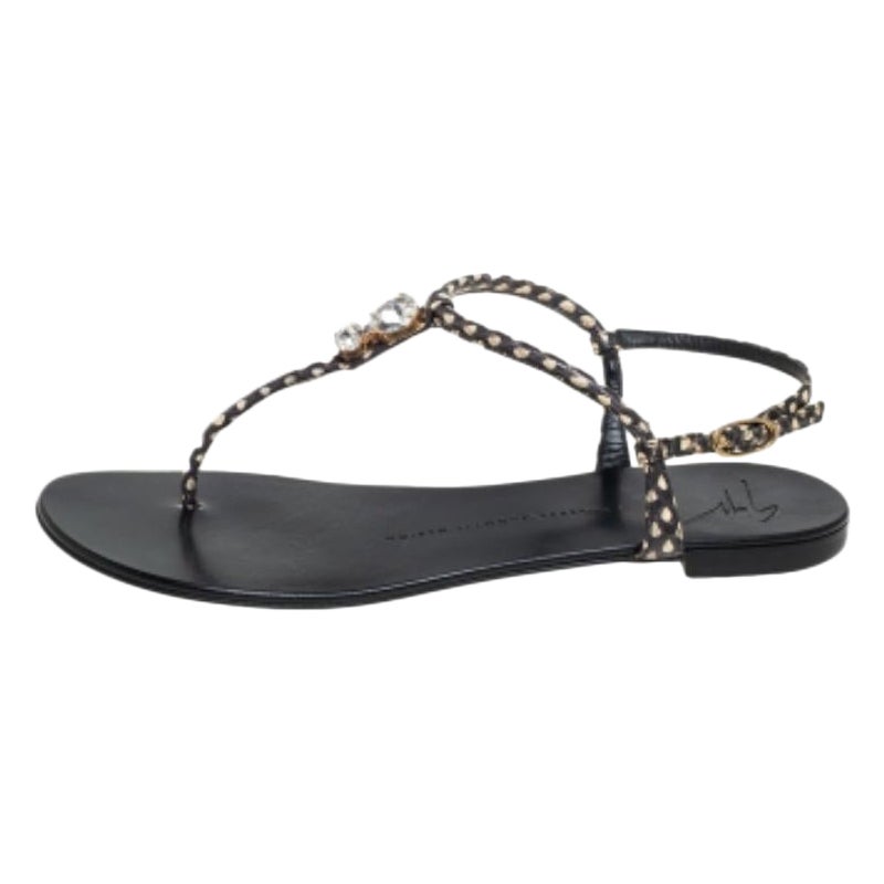 Giuseppe Zanotti Beige/Brown Python Embossed Leather T Strip Sandals Size 38.5 For Sale
