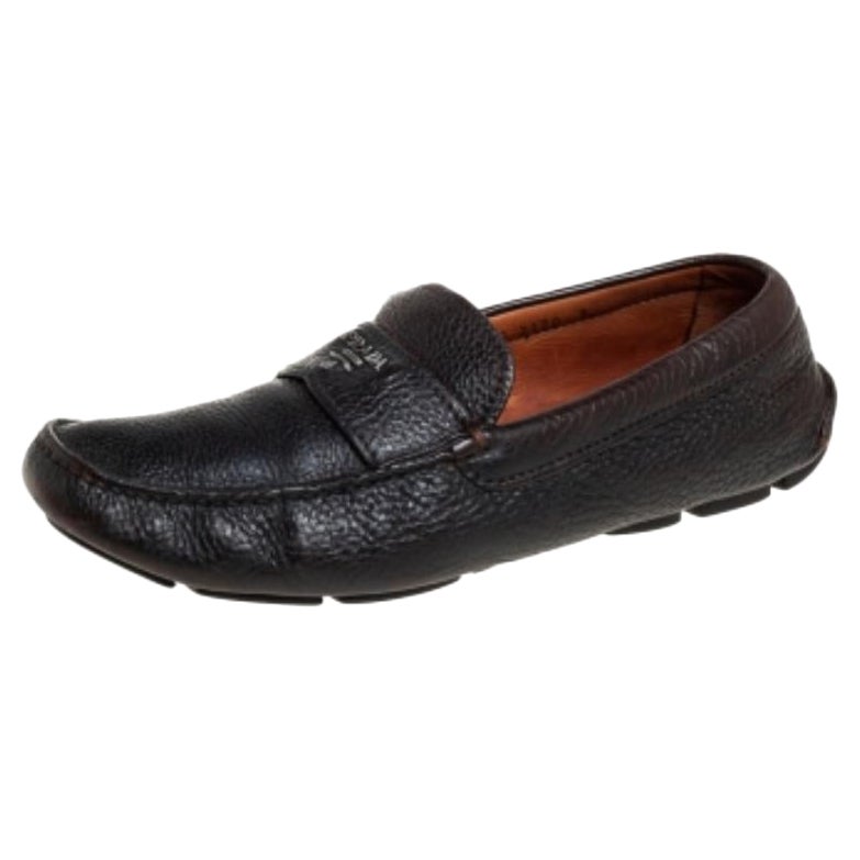 Prada Dark Brown Leather Slip On Loafers Size 41 For Sale