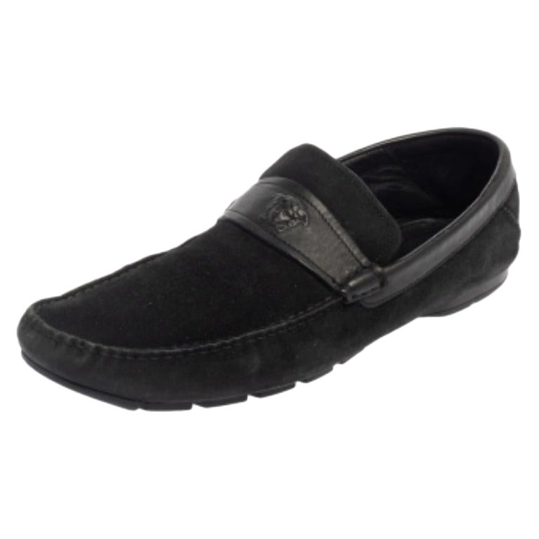 Versace Black Suede And Leather Slip On Loafers Size 44 For Sale