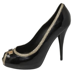 Fendi Black Patent and Textured Leather Peep Toe Platform Pumps Size 41