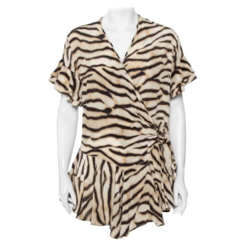 Just Cavalli Beige Animal Printed Silk Ruffled Mini Wrap Dress S For Sale