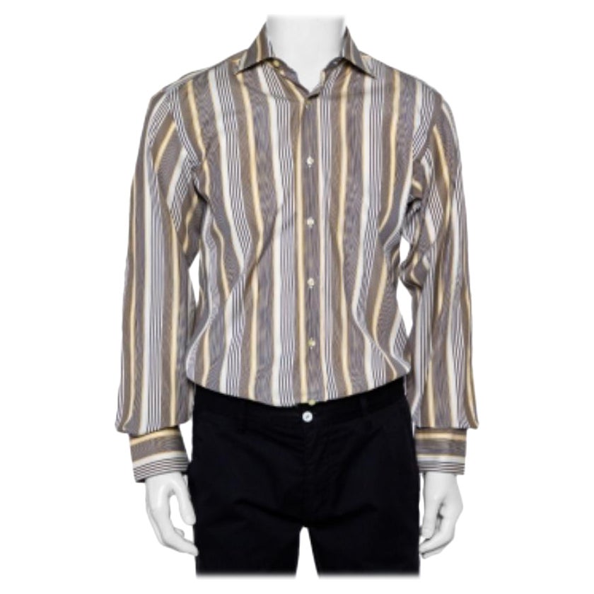 Etro Yellow & Navy Blue Striped Cotton Button Front Shirt S For Sale