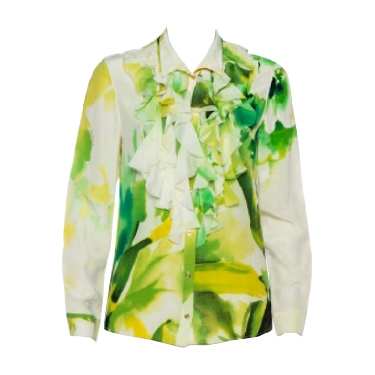 Roberto Cavalli Green Printed Silk Ruffled Detail Button Front Shirt M For Sale
