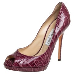 Jimmy Choo Burgundy Croc Embossed Leather  Peep Toe Pumps Size 39