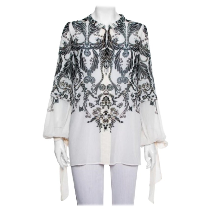 Just Cavalli Monochrome Printed Silk Sleeve Tie Detail Top M For Sale