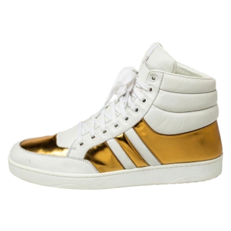 Gucci White/Gold Leather Lace Up High Top Sneakers Size 43.5 For Sale