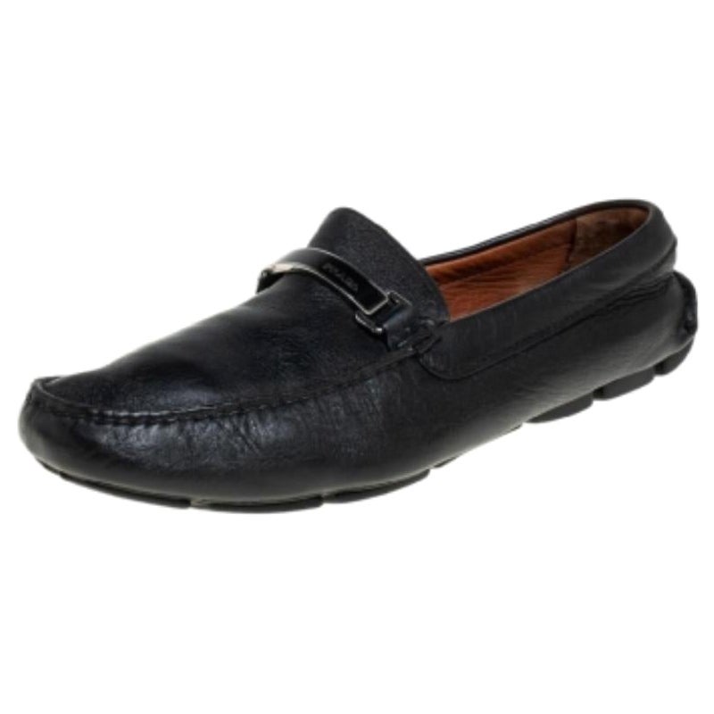 Prada Black Leather Logo Embellished Loafers Size 41 For Sale