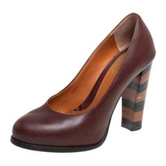 Fendi Burgundy Leather Pequin Block Heel Pumps Size 35