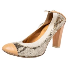 Chanel Gold/ Beige Leather And Sequin CC Pumps Size 35.5