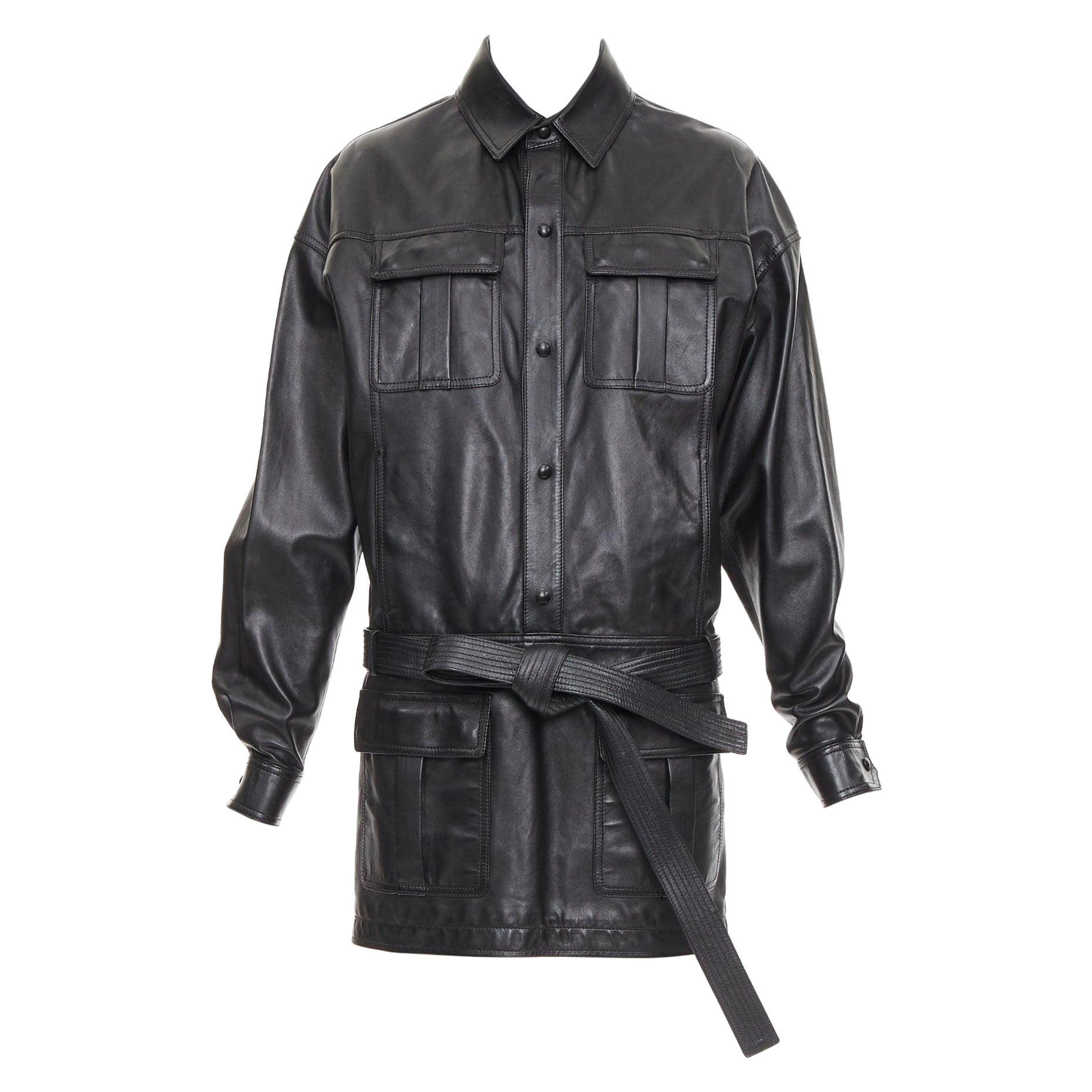 SAINT LAURENT 2018 black lambskin leather low waist safari shirt dress FR36 S For Sale