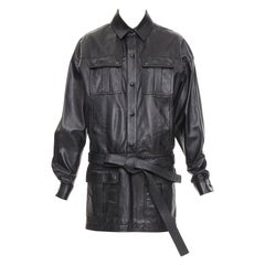 SAINT LAURENT 2018 black lambskin leather low waist safari shirt dress FR36 S