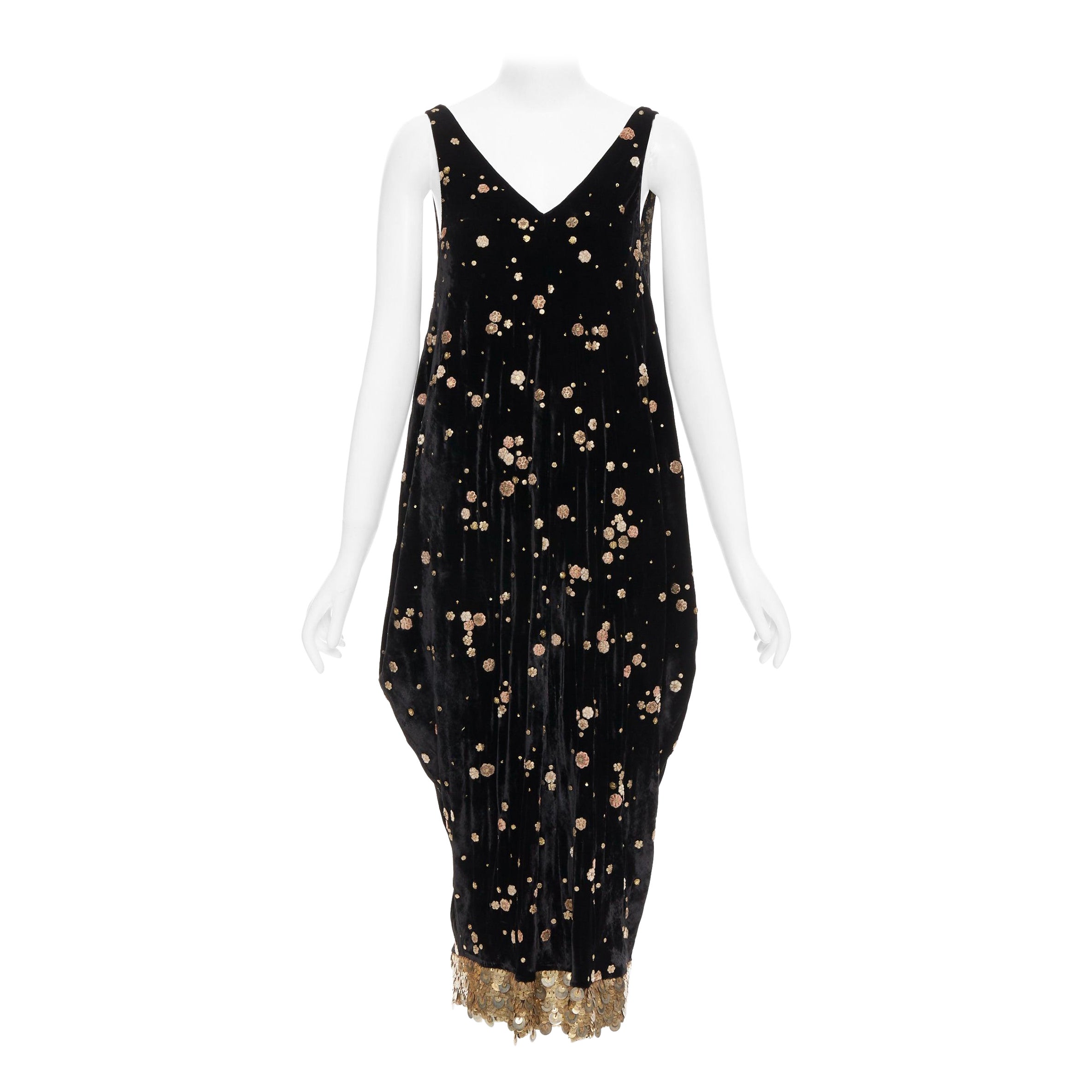 SABYASACHI black velvet gold floral applique sequins drape V neck dress S For Sale