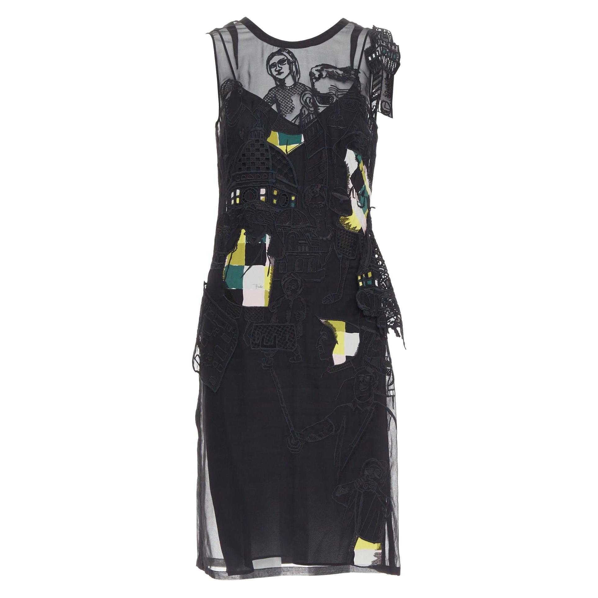 EMILIO PUCCI black sheer people embroidered colorful inserts sheer dress IT40 S For Sale
