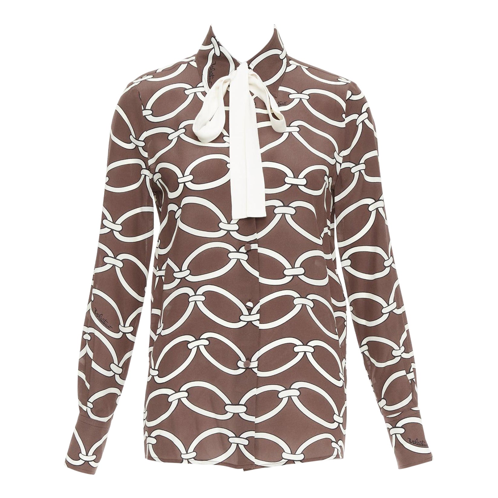 VALENTINO Chain 1967 brown cream crepe de chine silk tie neck blouse IT38 XS For Sale