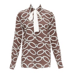 VALENTINO Chain 1967 brown cream crepe de chine silk tie neck blouse IT38 XS