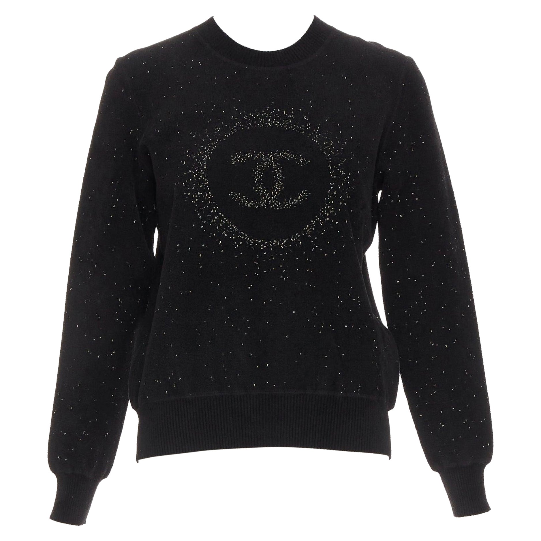 CHANEL black cupro blend CC starburst logo lurex long sleeve sweater FR36 S For Sale