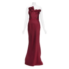 LANVIN 2013 wine red wool silk bias cut draped bust strapless gown FR38 M