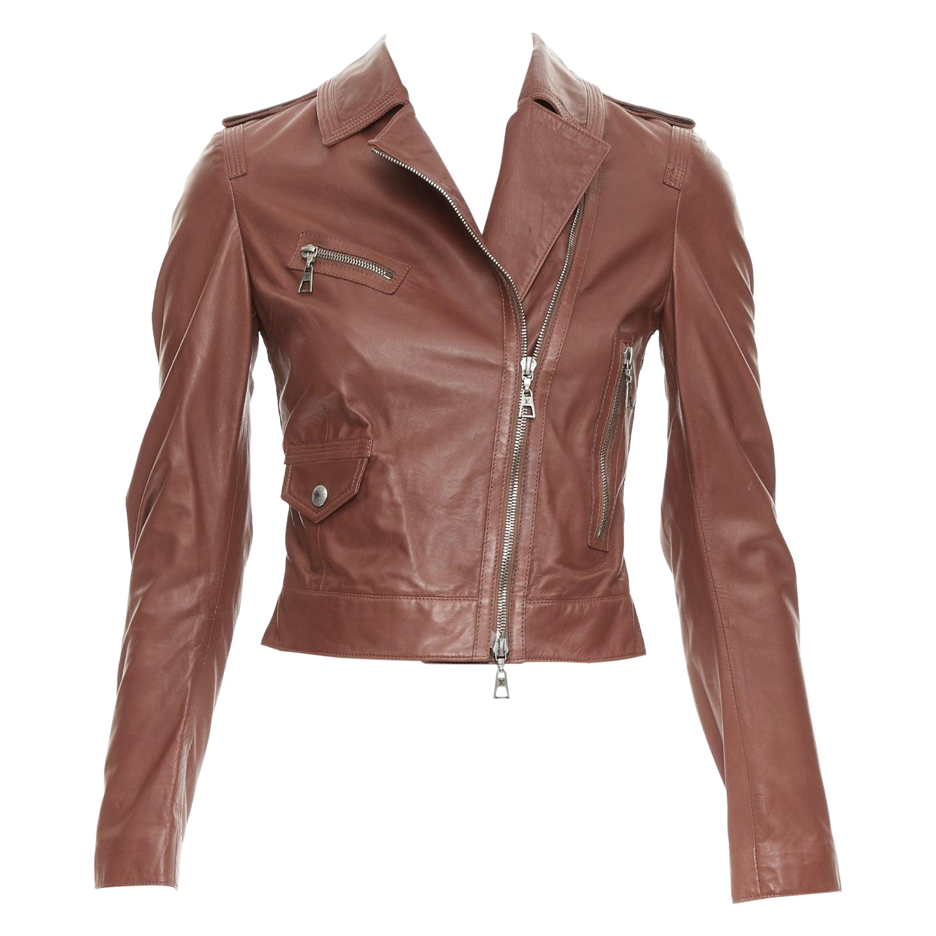 LOUIS VUITTON brick brown lambskin leather crop moto biker jacket FR34 XS For Sale