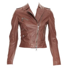 LOUIS VUITTON brick brown lambskin leather crop moto biker jacket FR34 XS