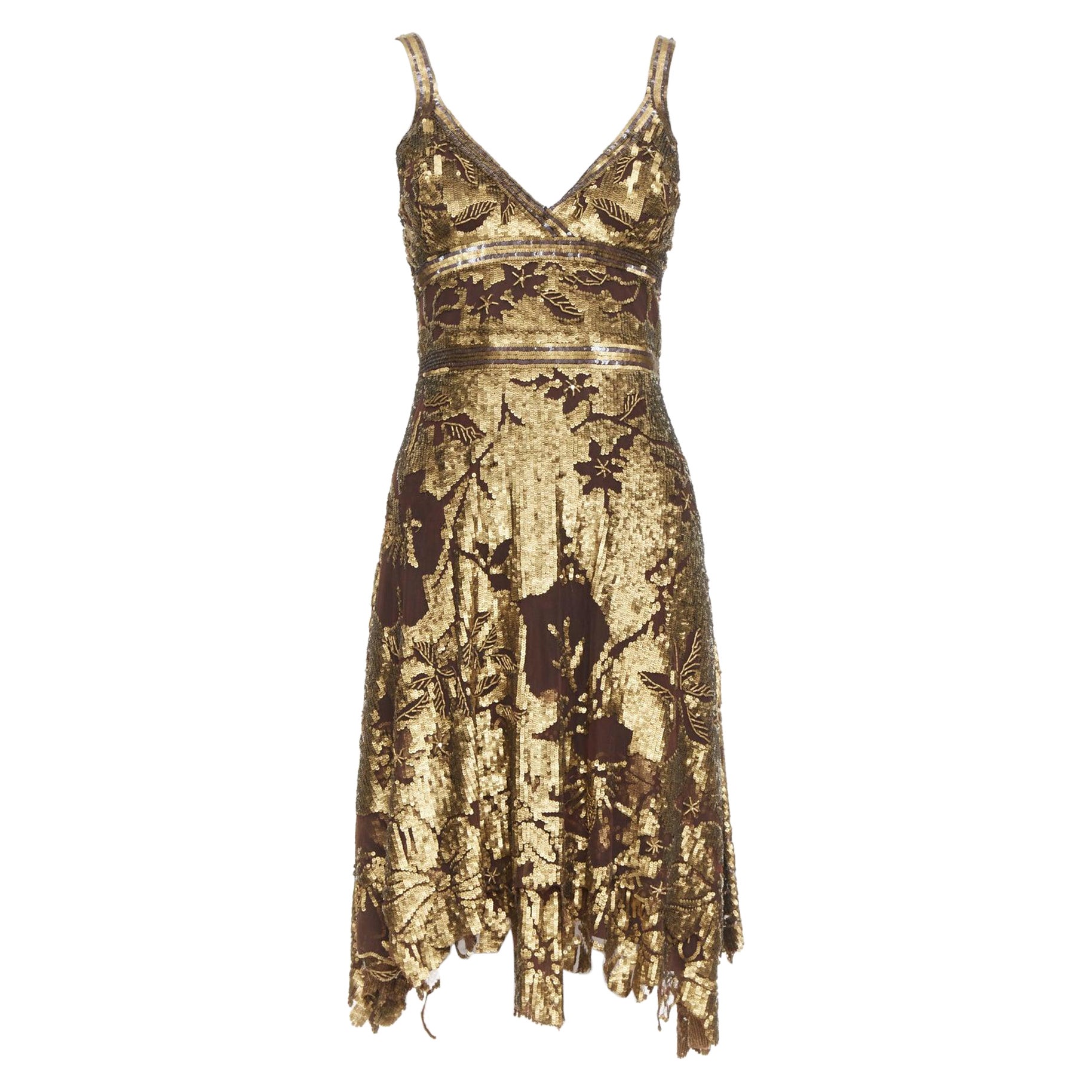 WUNDERKIND bronze gold brown 100% silk floral sequin handkerchief dress US2 S For Sale