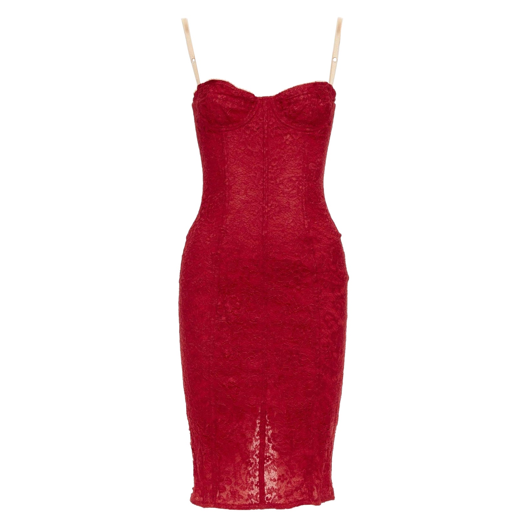 DOLCE GABBANA Vintage red floral lace nude straps body con boudoir dress IT38 XS For Sale