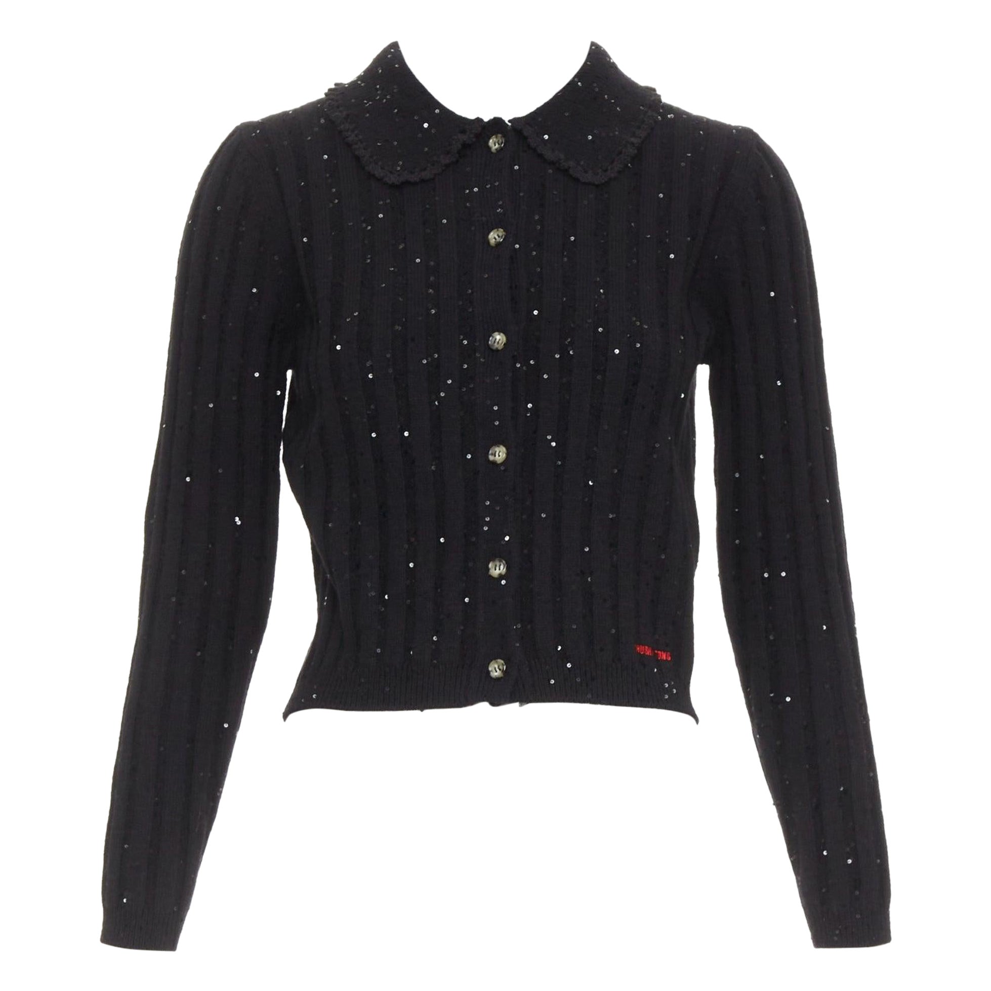 SHUSHU TONG black sequins wool cotton blend logo crop cardigan UK6 XS For Sale