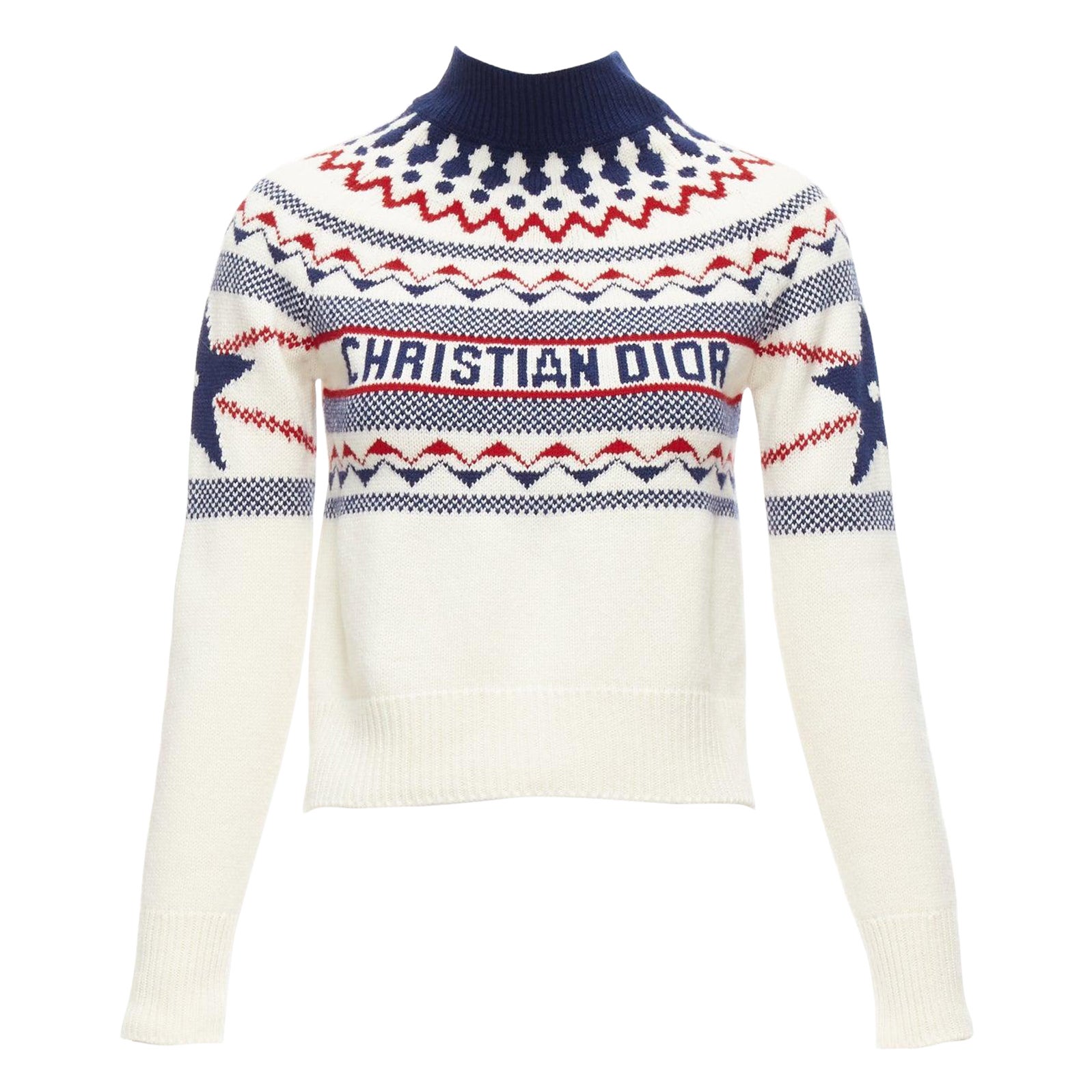 CHRISTIAN DIOR Dioralps cream wool cashmere logo star fairisle sweater FR34 XS For Sale
