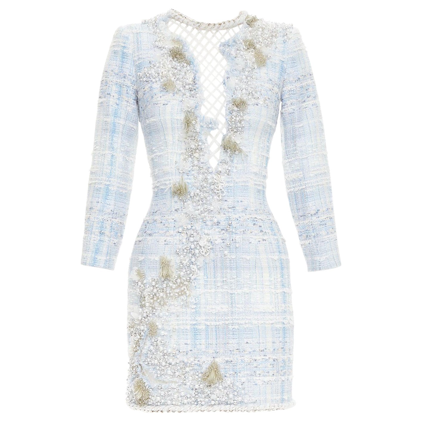 rare BALMAIN blue white tweed pearl bead embellished plunge mesh dress FR34 XS For Sale