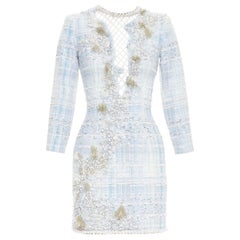 rare BALMAIN blue white tweed pearl bead embellished plunge mesh dress FR34 XS