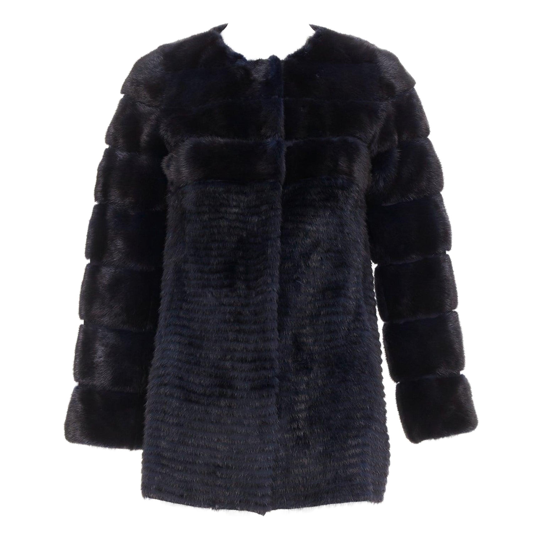 YVES SALOMON KIDS black navy horizontal mink fur work collarless coat Y12 For Sale