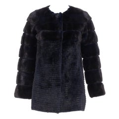 YVES SALOMON KIDS black navy horizontal mink fur work collarless coat Y12