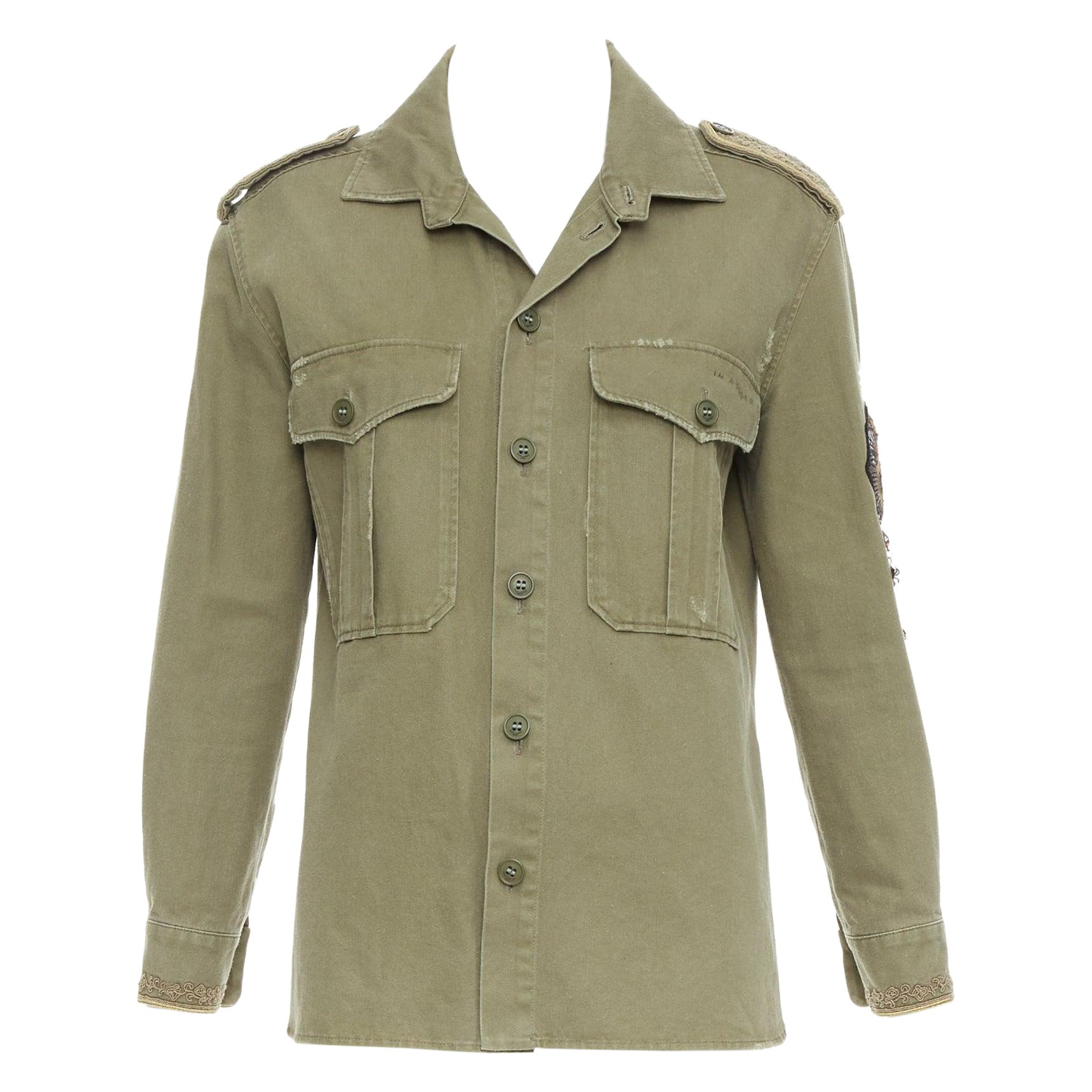 SAINT LAURENT 2018 green cotton military charms badge over shirt FR38 M For Sale