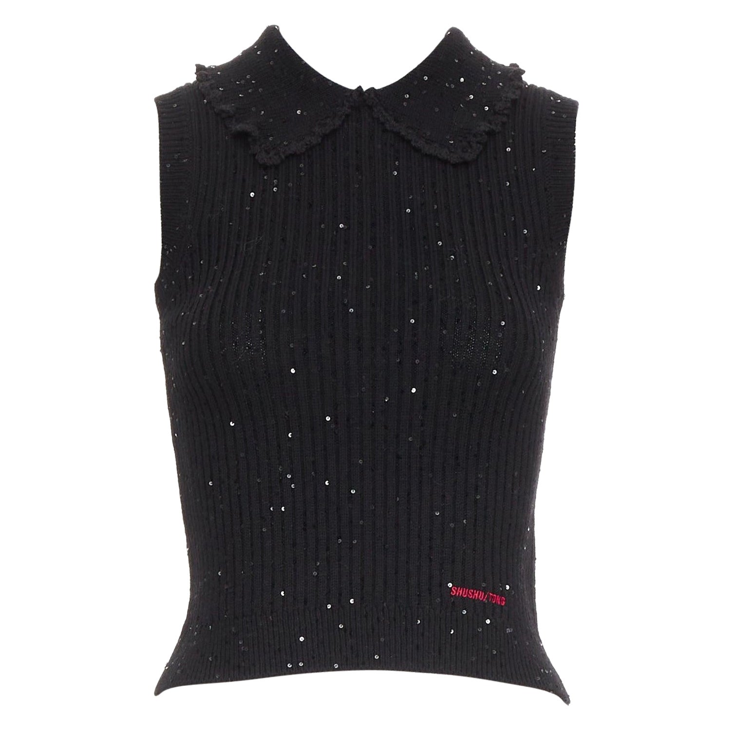 SHUSHU TONG black sequinned knit collared red logo rib crop vest UK6 XS For Sale
