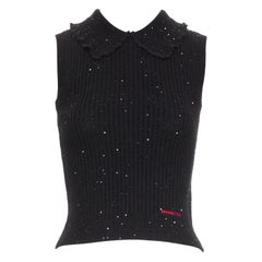 SHUSHU TONG black sequinned knit collared red logo rib crop vest UK6 XS