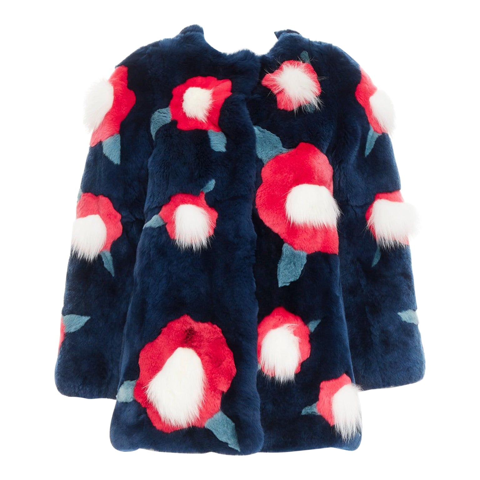 YVES SALOMON KIDS navy rabbit mink floral patchwork coat Yr10 XS For Sale