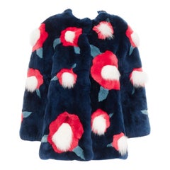 YVES SALOMON KIDS navy rabbit mink floral patchwork coat Yr10 XS