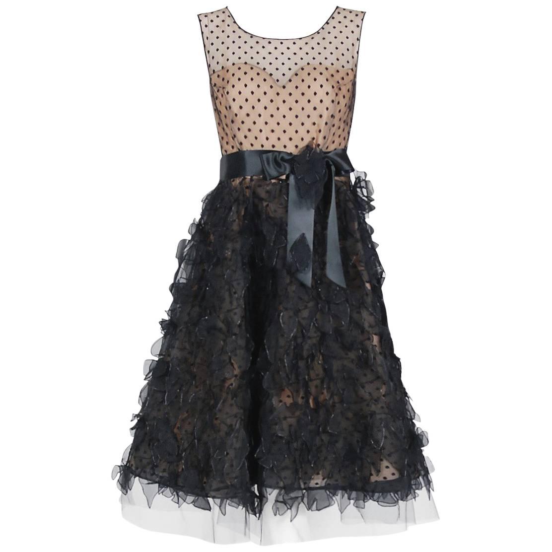 2011 Oscar de la Renta Black & Nude Sheer-Illusion Silk Applique Party Dress  