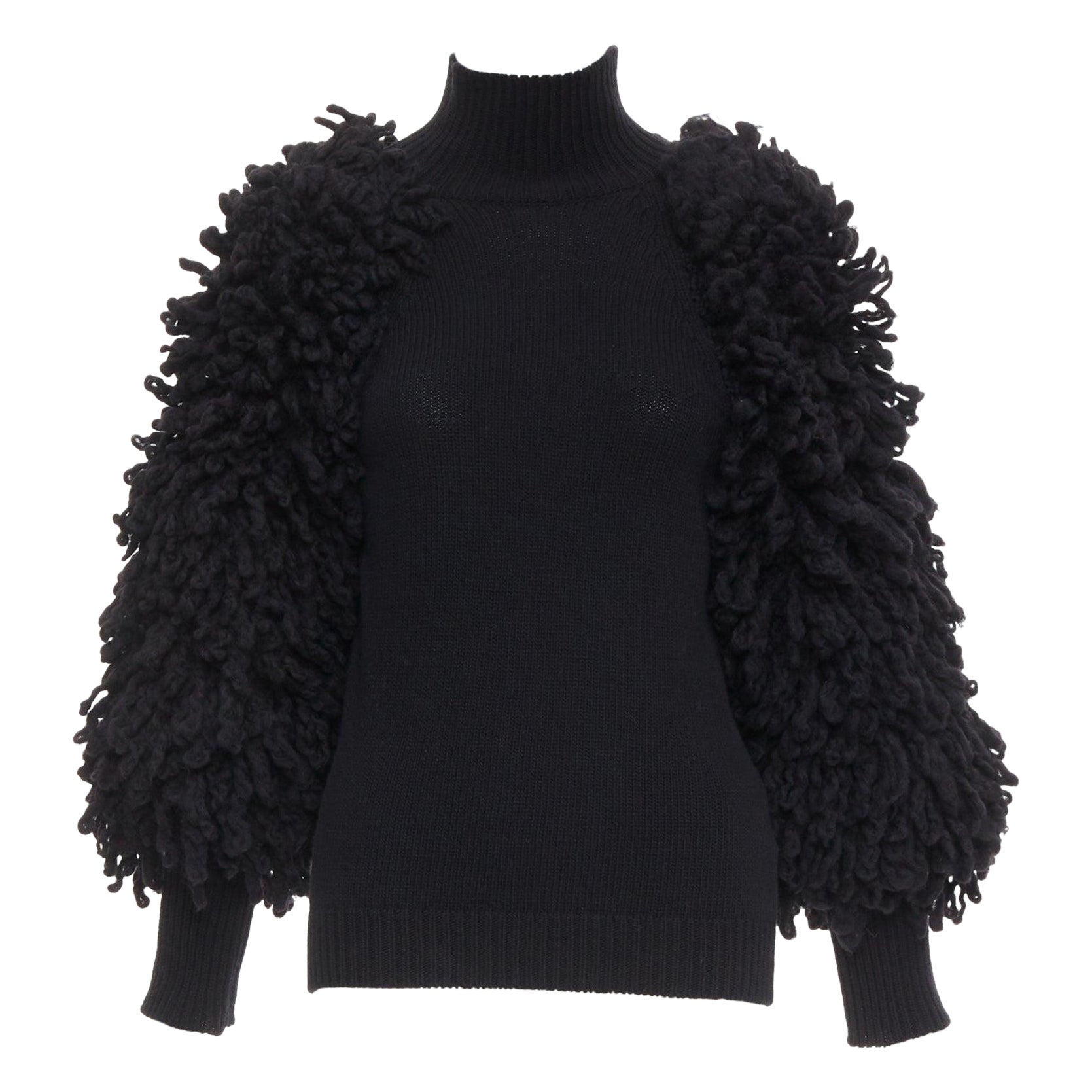 VALENTINO 2024 black virgin wool boucle yarn sleeves turtleneck sweater S For Sale