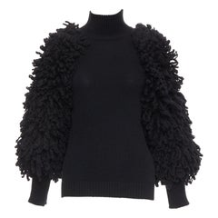 VALENTINO 2024 black virgin wool boucle yarn sleeves turtleneck sweater S