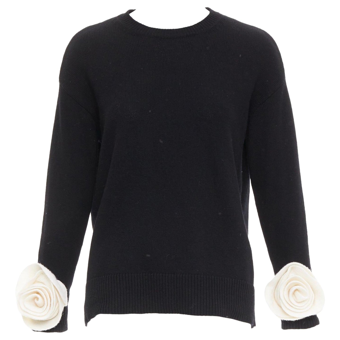 VALENTINO 2024 black virgin wool cream 3D Flower cuff crew neck sweater XS For Sale