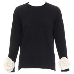 VALENTINO 2024 black virgin wool cream 3D Flower cuff crew neck sweater XS