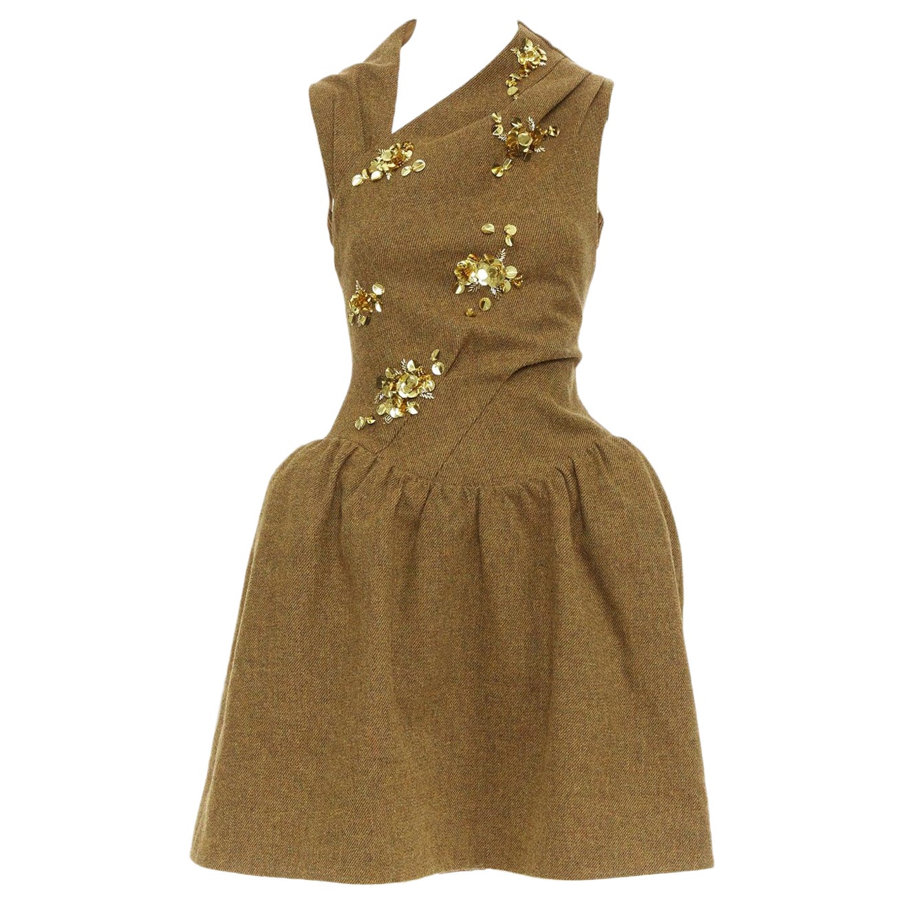 rare SHUSHU TONG Backless brown wool gold sequin fit flare dress UK6 XS For Sale