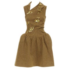 rare SHUSHU TONG Backless brown wool gold sequin fit flare dress UK6 XS